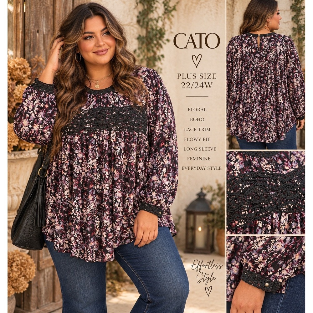 Cato Plus Size 22/24W Floral Boho Lace Trim Flowy Long Sleeve Blouse Top